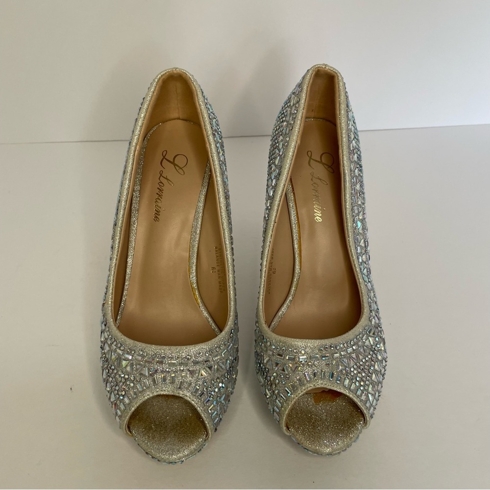 L Lorraine Bobie Silver & Rhinestones Stiletto Heels With Open/Peep Toe …